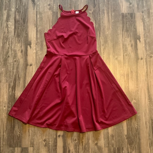 ROMWE Women's Sweet Scallop Sleeveless Flare Swing Pleated A-line Dress Maroon M - Picture 3 of 8